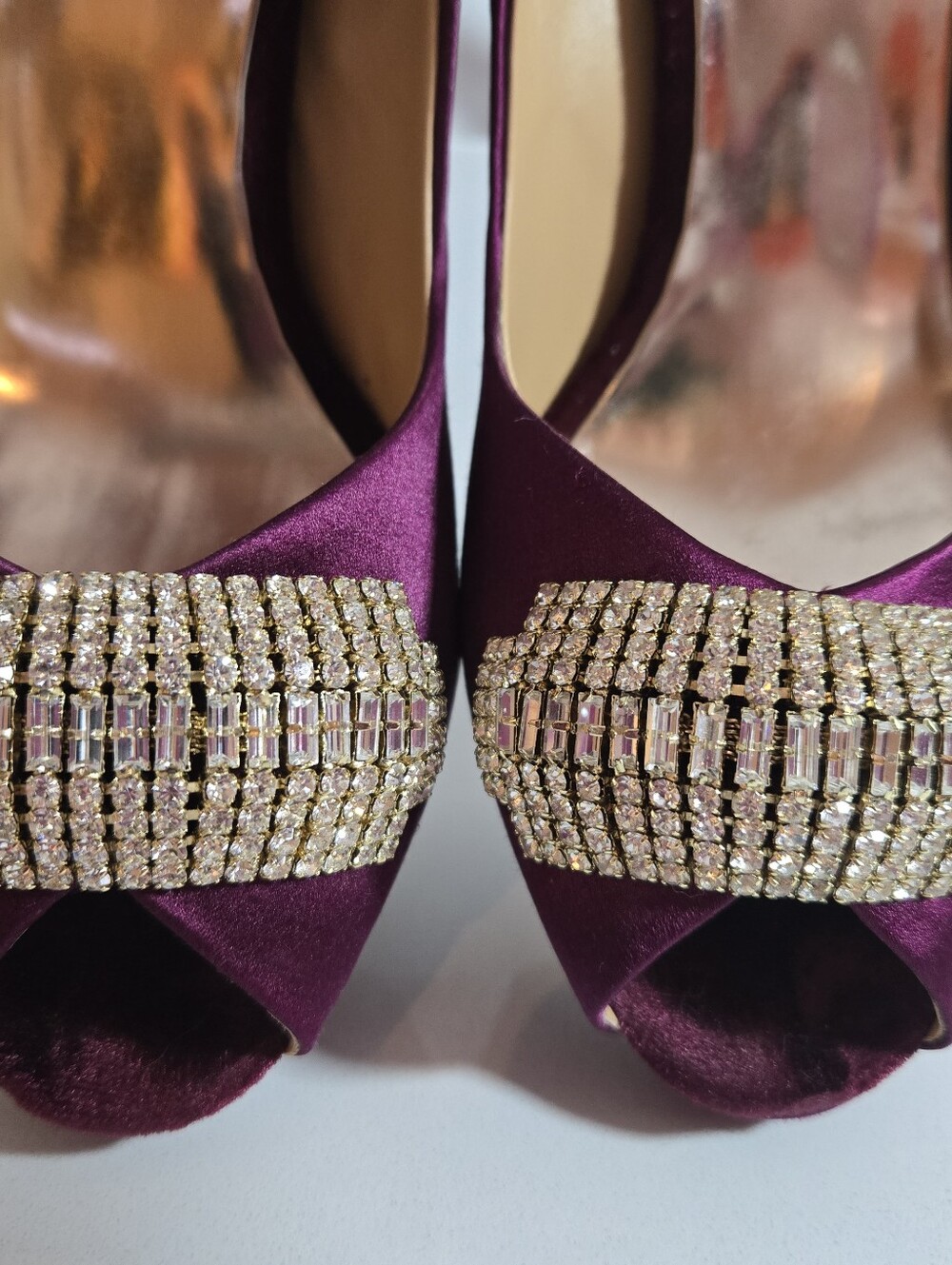 Badgley Mischka Plum Satin Peep-Toe Heels with Crystal Buckle